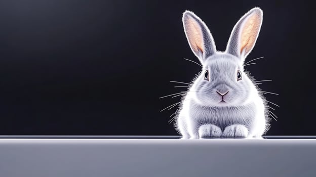 A serene white rabbit sitting on a table against a dark background, exuding calmness and tranquility photo