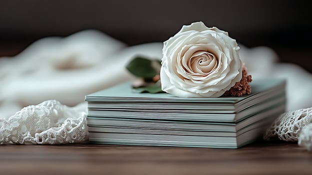 A soft-focus image of stacked books adorned with a white rose, set against a blurred background, ideal for literary themes photo