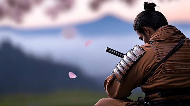 A solitary warrior in traditional attire contemplates in a serene landscape with cherry blossoms photo