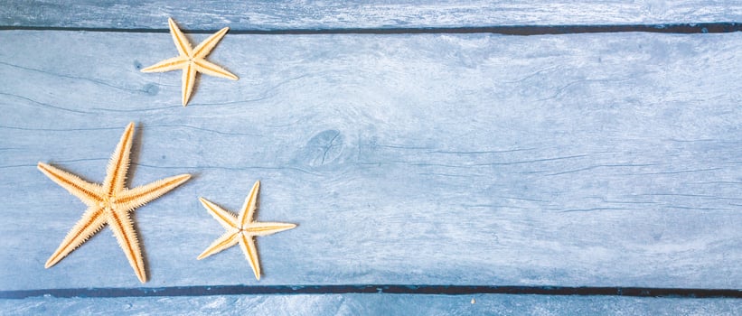 Sea stars. Summer nautical background - stars on wooden blue background photo