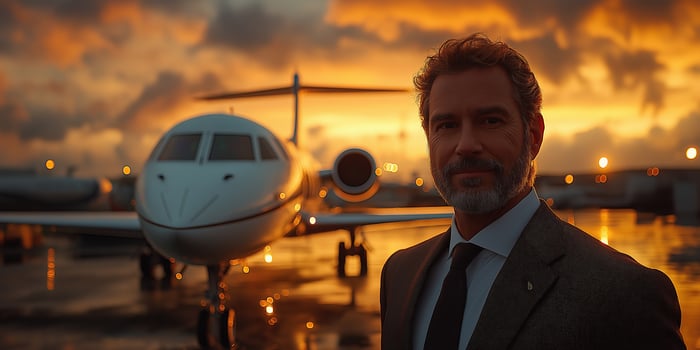 Businessman with Luxury Private Jet and Limousine , Business Trip, Exclusive Corporate Travel and High-Class Aviation Lifestyle for VIP Elegance and Executive Transport photo