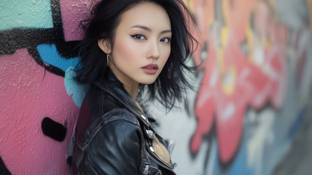 Young Woman Posing Near Colorful Graffiti Wall photo