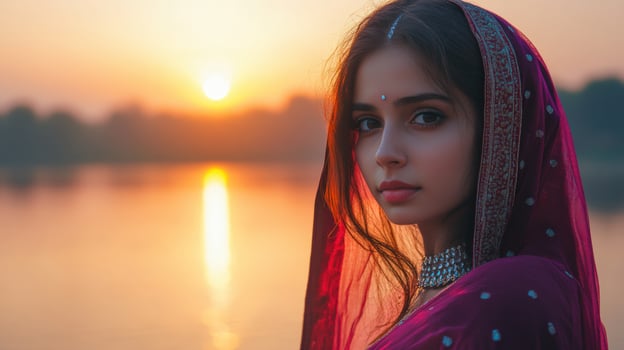 Young Woman in Sari at Sunset by the Lake photo