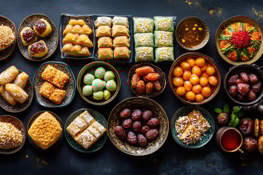 Traditional moroccan pastries displayed on plates and bowls, creating a festive culinary scene photo