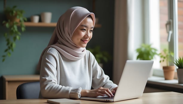 Smiling Woman in Hijab Working on Laptop at Home photo