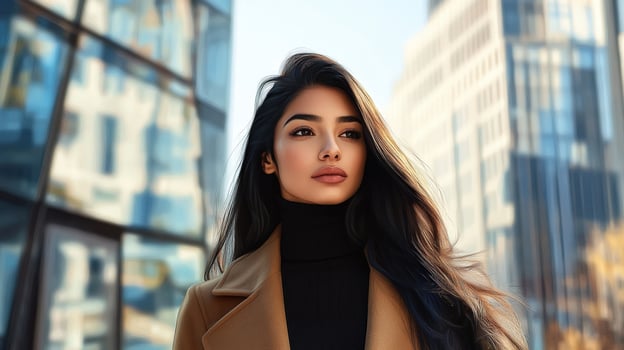 A Young Woman With Long Hair Poses Outdoors In The City photo