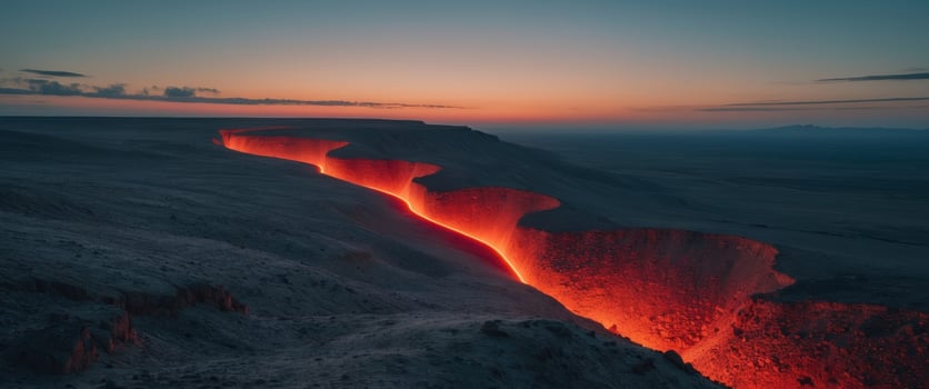 Curved crimson flashes illuminate the horizon at dusk over a rugged landscape. photo