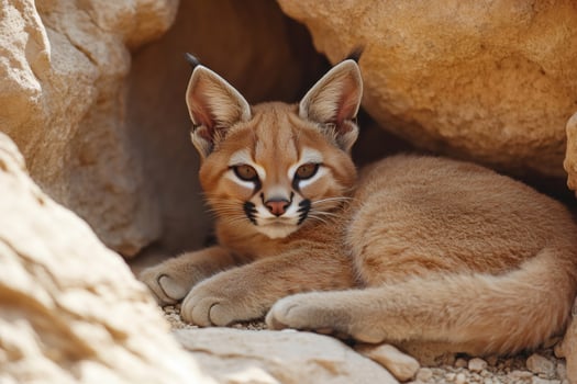 Caracal kitten relaxing in rocky den, wildlife portrait photo