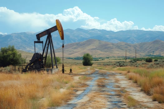 Oil pumpjack operating in scenic mountain landscape photo