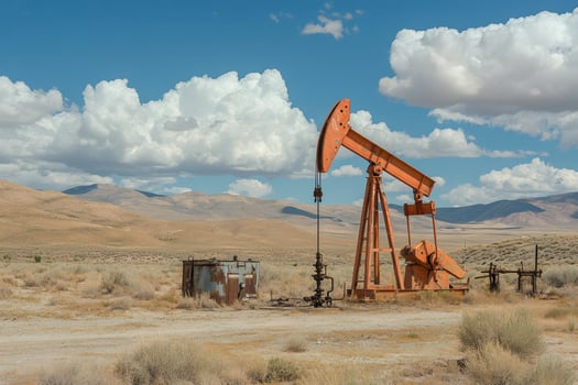 Pump jack extracting crude oil in desert landscape with cloudy sky photo