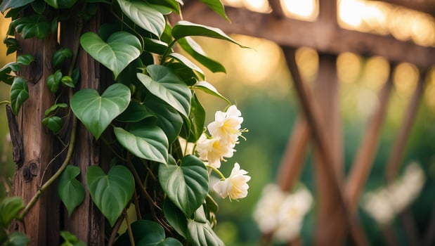 Vibrant flowers and lush green foliage adorn a wooden trellis in a tranquil garden at sunset photo
