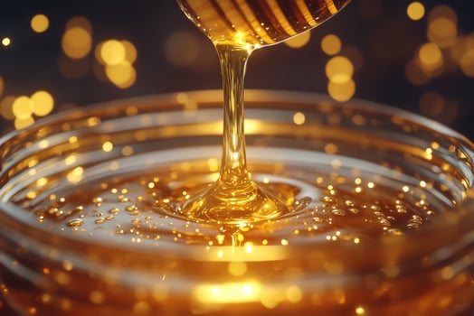 Golden honey dripping into glass jar .. photo