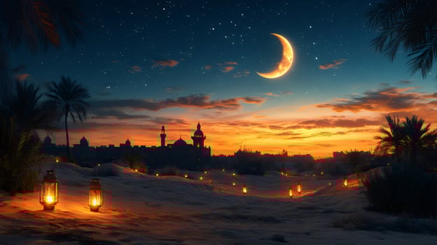 Crescent moon shining over desert mosque during ramadan nights photo