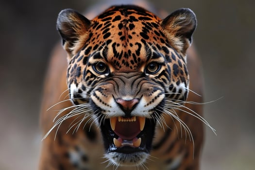 Fierce jaguar roaring in natural habitat . photo