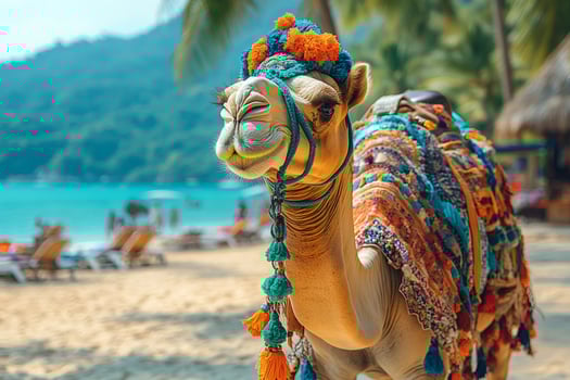 Decorated camel standing on a sunny beach with turquoise waters photo