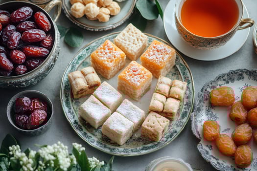 Oriental sweets, dates, tea and flowers creating festive atmosphere photo