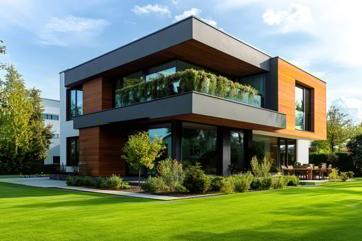 Modern sustainable house with green roof and garden on sunny day photo