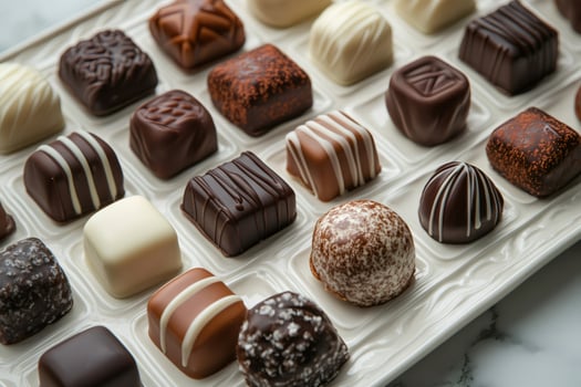 Delicious assorted chocolates forming a perfect grid on a white tray photo