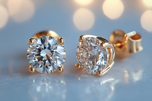 Pair of sparkling diamond earrings resting on reflective surface . photo