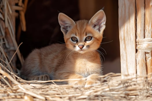 Young caracal kitten resting in its den made of dry grass and wood photo