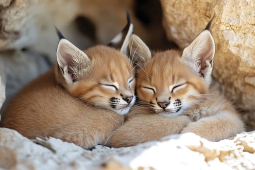 Two caracal kittens sleeping together in a den photo