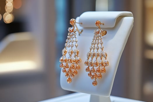 Pair of gold diamond earrings displayed on white stand in jewelry store showcase photo