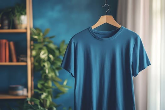 Blue t shirt hanging on wooden hanger in stylish room with plants photo