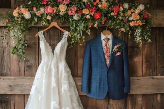 Wedding dress and groom suit hanging on wooden wall with flower decoration photo