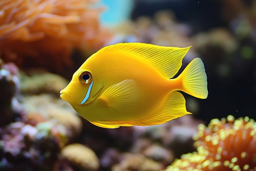 Vibrant yellow fish swimming in coral reef . photo