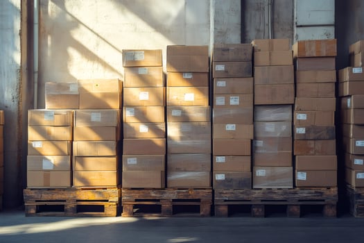 Stacked cardboard boxes on wooden pallets in warehouse photo