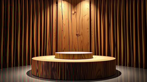 Radiant wooden stage illuminated within an elegant setting. photo