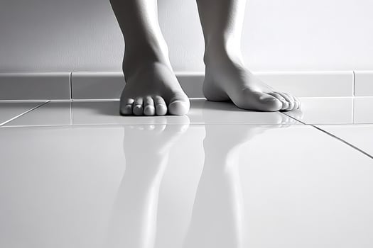 Reflections on white tiled floor with bare feet photo