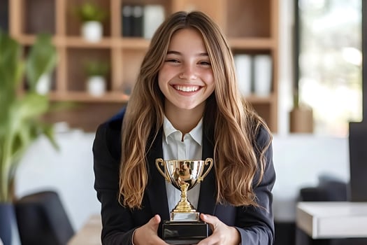 Young professional woman celebrating success with trophy photo