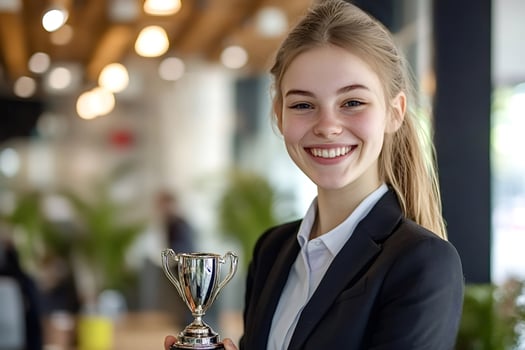 Young professional celebrat success with trophy photo