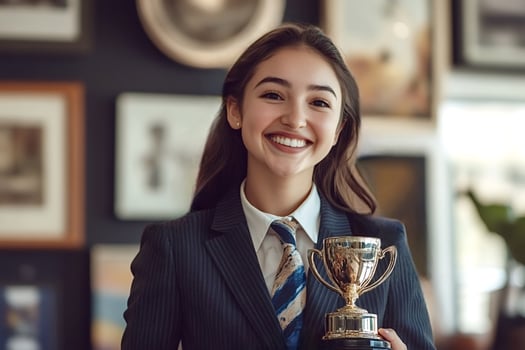 Young professional celebrating success trophy photo