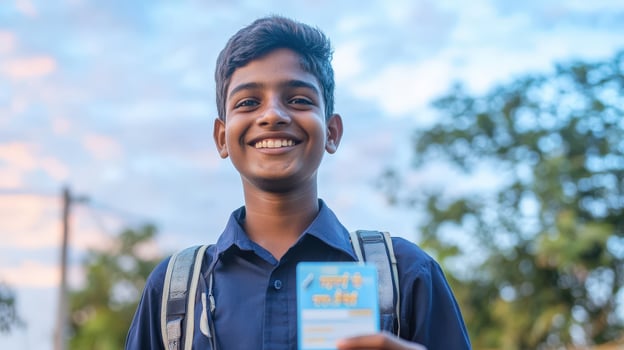 Happy Student Holding School Admission Card Outdoors photo