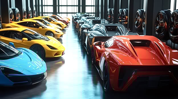 Many modern sports cars parked in a showroom or warehouse photo
