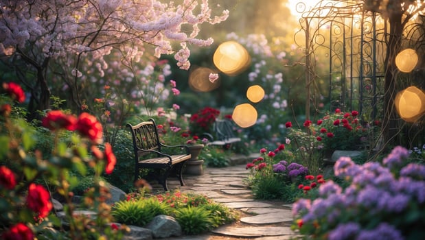 Blossoms and pathways create a tranquil garden at sunset filled with vibrant flowers and inviting seating photo