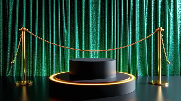 A black pedestal illuminated by neon lights against a glittering green curtain. photo