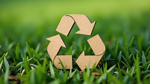 A recycling symbol stands prominently amidst vibrant green grass. photo