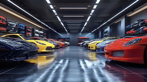 Many sports cars parked in modern garage photo