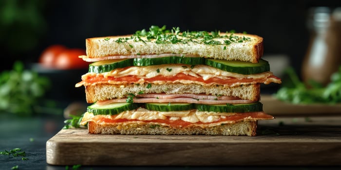 Delicious layered sandwich with fresh vegetables and herbs prepared on a wooden board photo