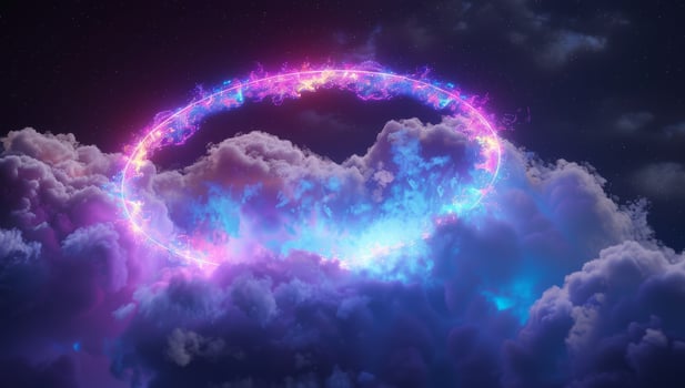 Neon light illuminates the abstract clouds, creating a mesmerizing aura in the dark cosmic sky, inspiring wonder and imagination photo