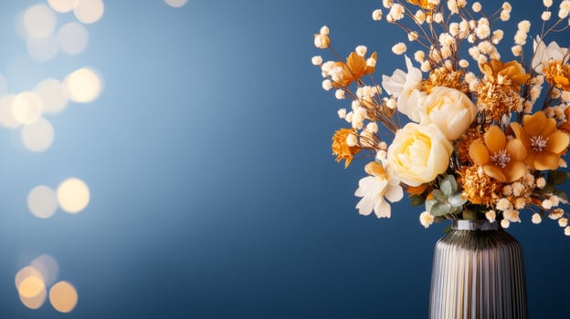 A vase with flowers on a blue background photo