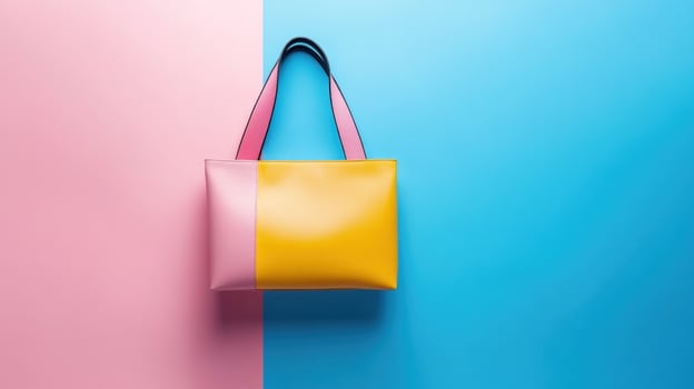 A pink and yellow tote bag on a blue and pink background photo