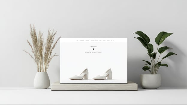 A white shoe on a table with a plant and a vase photo