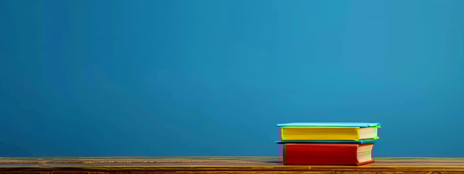 A stack of vibrant books in various colors is placed on a wooden table, creating an inviting atmosphere in a warm and cozy space with a blue backdrop photo