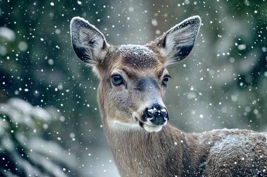 Snowfall creates a magical backdrop for a young deer in a serene winter forest setting photo