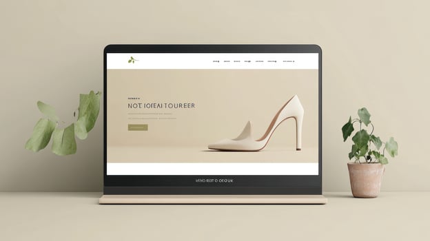 A laptop screen displaying a website design for a shoe store photo