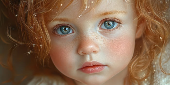 Beautiful child with striking blue eyes and curly red hair captured in soft natural light photo
